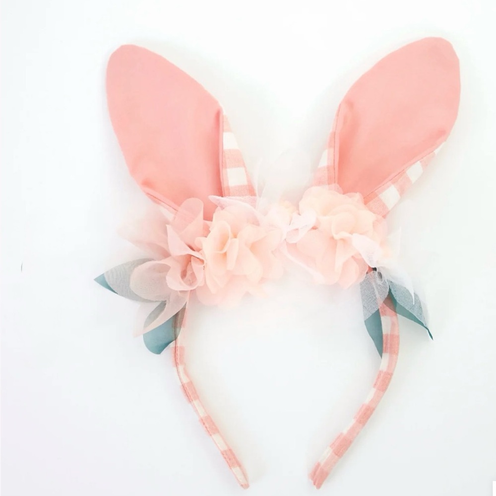 Meri Meri Pink & White Striped Embellished Gingham Bunny Ears Headband